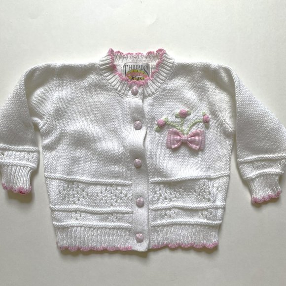 Girls Pink & White Button-Down Cardigan Sweater by Threads Clothing for Kids 12M - Picture 2 of 8